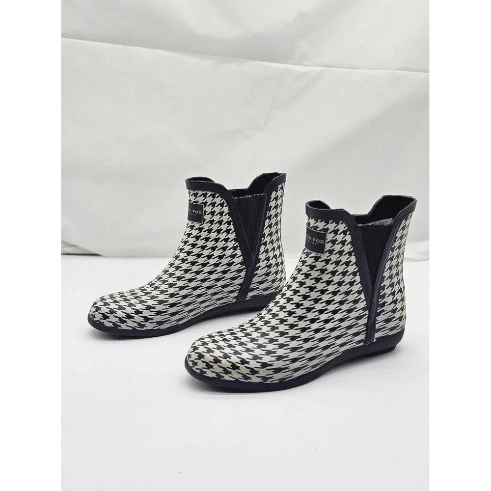 London Fog Piccadilly Rain Boots/Booties Women 8M Black White Houndstooth HKF003